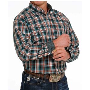 CINCH Shirt Mens S Orange Blue Plaid Button Up Flip Cuff Shirt Long MTW1105494